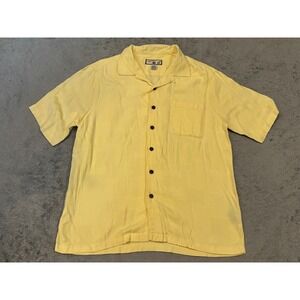 Caribbean Joe Mens Large Silk Rayon Yellow Textured Short Sleeve Camp Shirt L